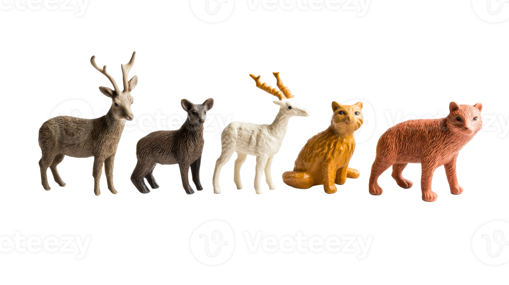 Deer and cat figurines on black background, cut out transparent png