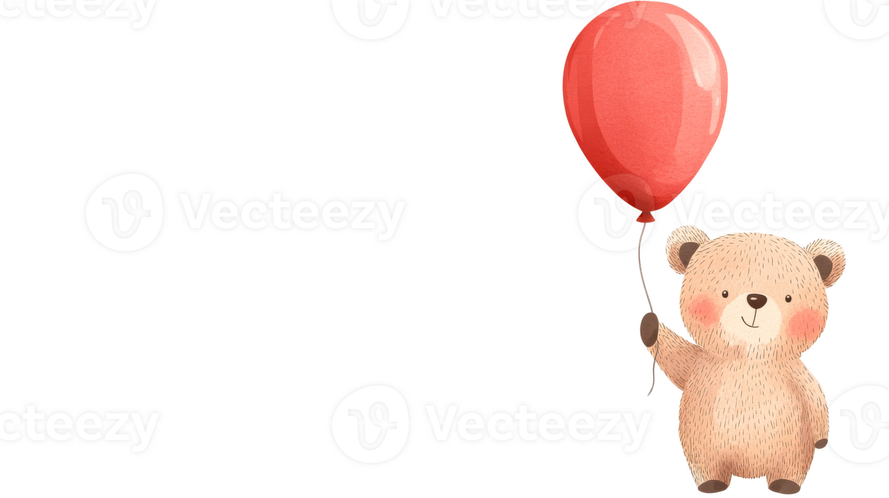 Cute teddy bear holding red balloon, watercolor illustration, cut out transparent png