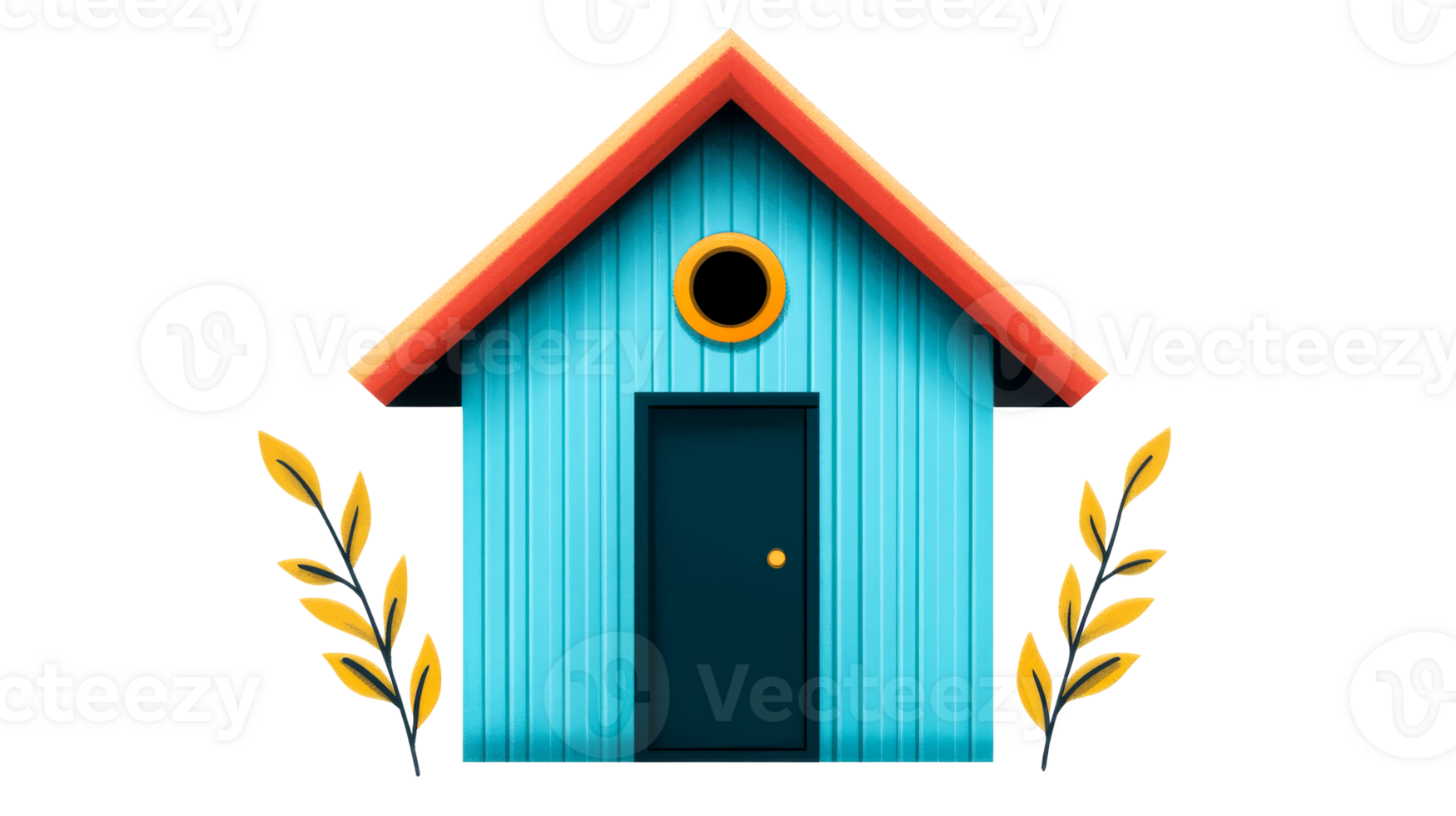 Blue house with a round window and leaves, cut out transparent png