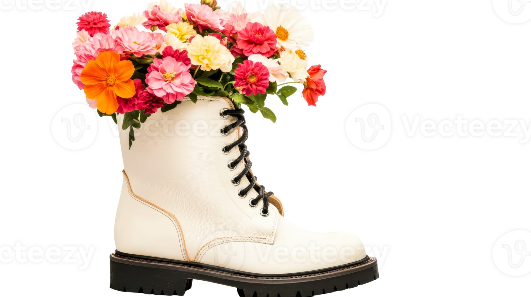 White boot with flowers, composition and colorful, cut out transparent png
