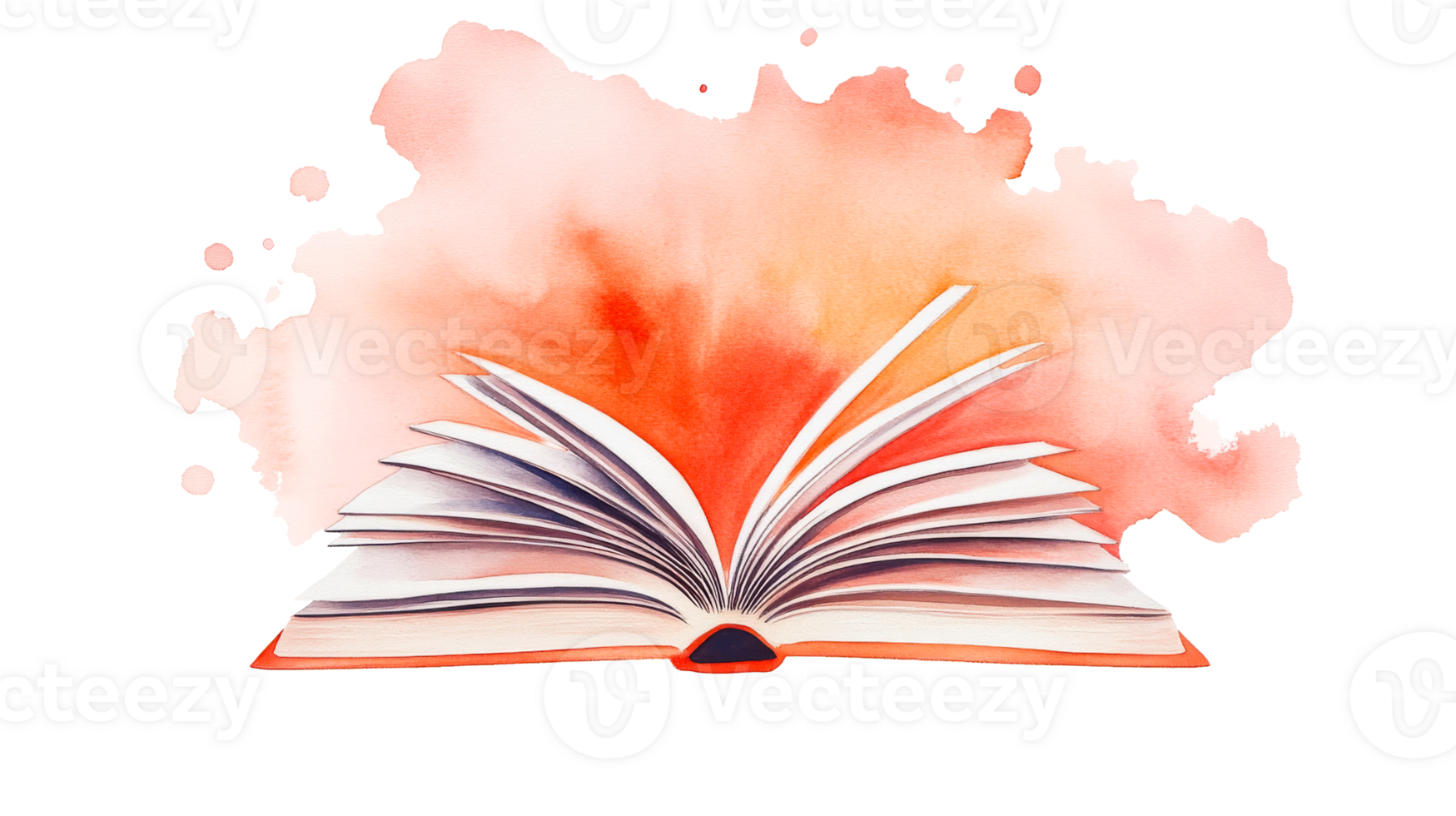 Open book with watercolor background in coral tones, cut out transparent png