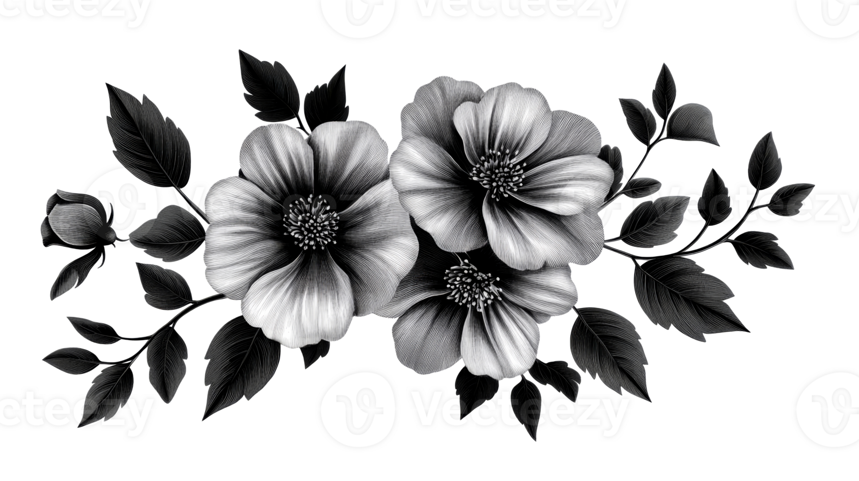 Delicate monochrome flower bouquet, botanical illustration, cut out transparent png