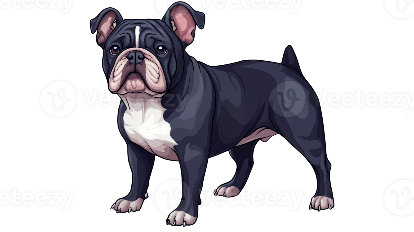 Bulldog illustration full body standing, white chest, front view, cut out transparent png
