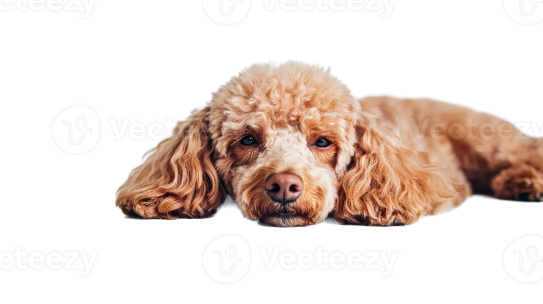 Red poodle lying down, looking at camera, portrait, cut out transparent png