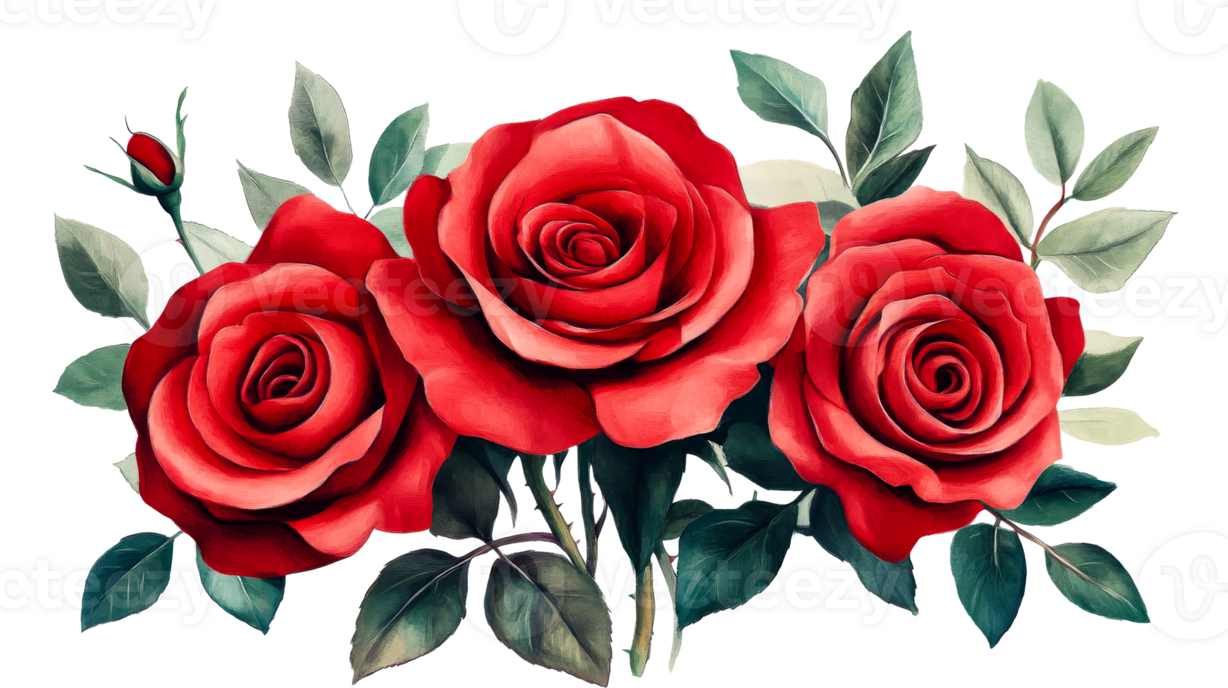 Red roses bouquet with green leaves, artistic rendering, cut out transparent png