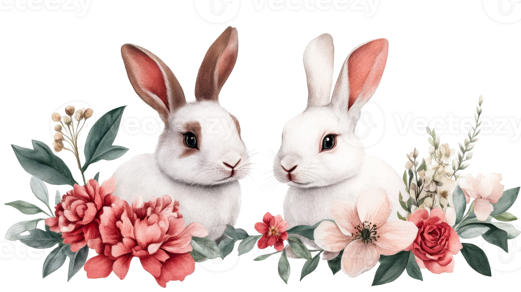 Two adorable watercolor rabbits among delicate spring flowers, cut out transparent png