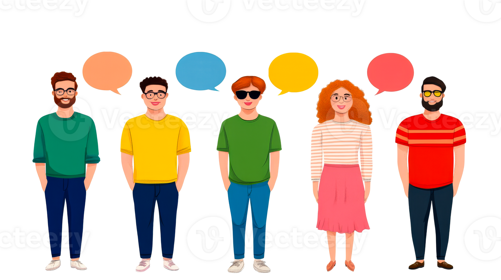 Group of Diverse People with Speech Bubbles Illustration, cut out transparent png