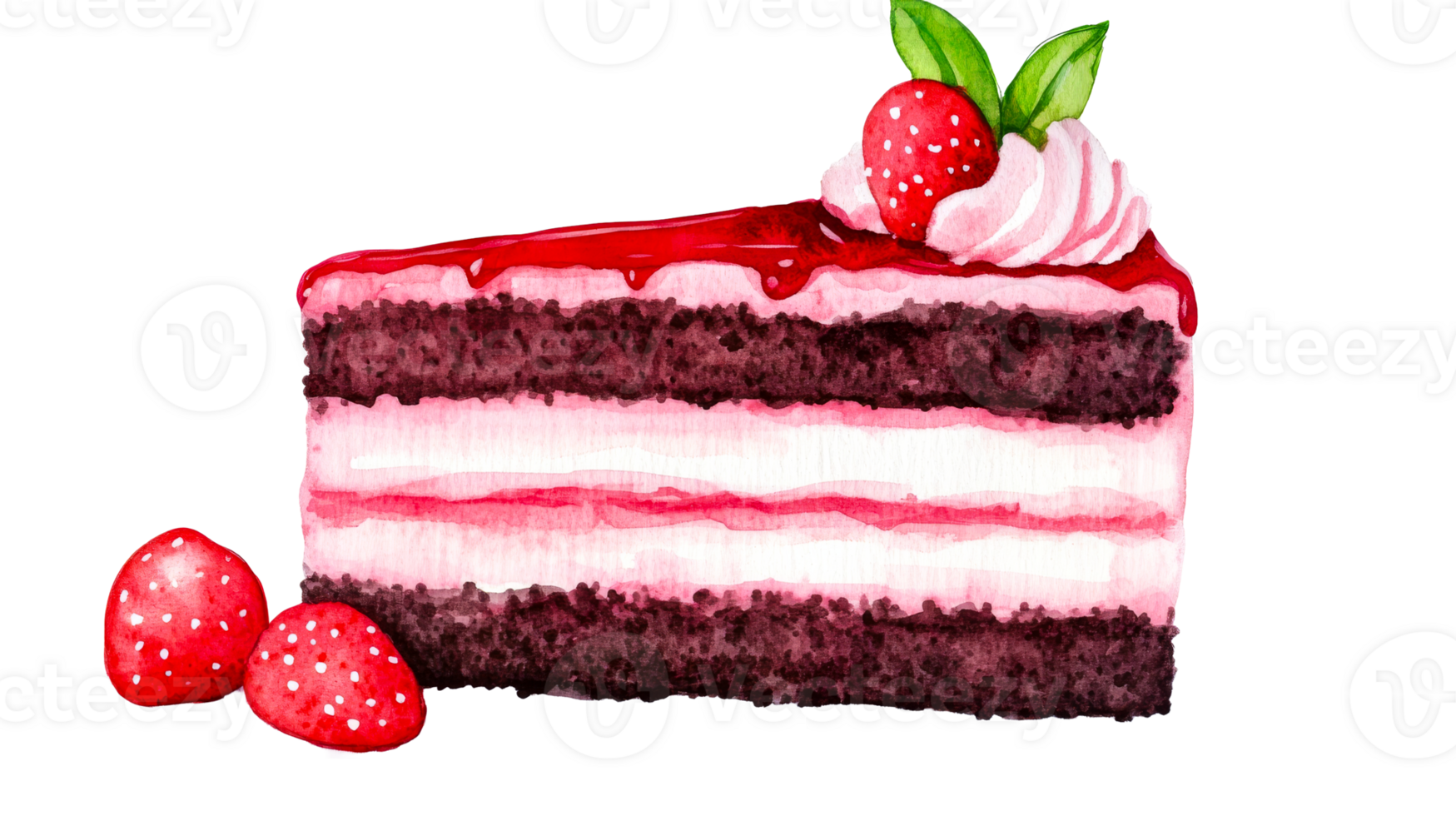 Strawberry cake slice, dessert watercolor illustration, cut out transparent png