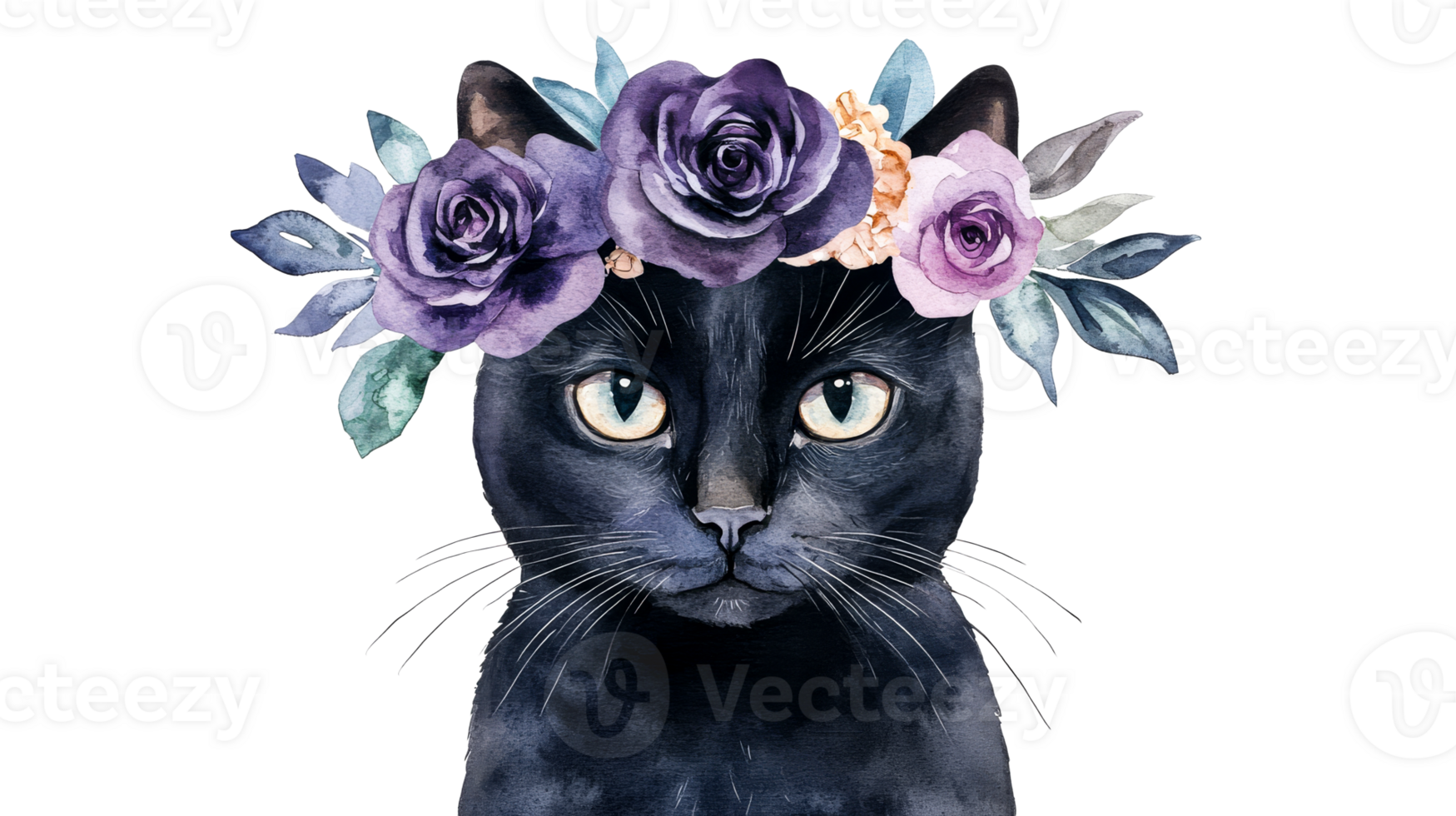 Feline portrait, black cat wearing flowers, floral crown, watercolor, cut out transparent png