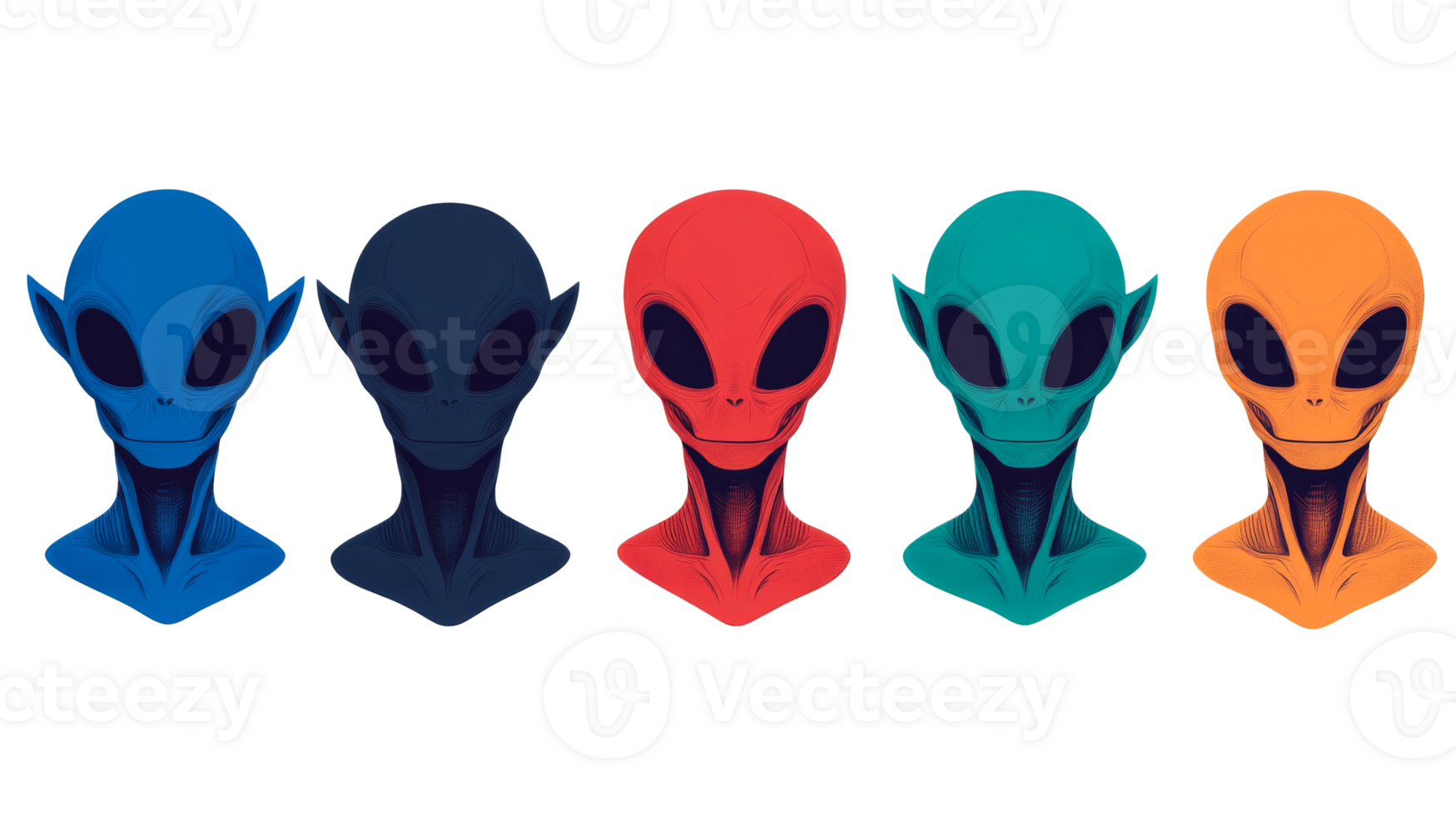 Colorful alien heads, extraterrestrial beings, alien faces, cut out transparent png