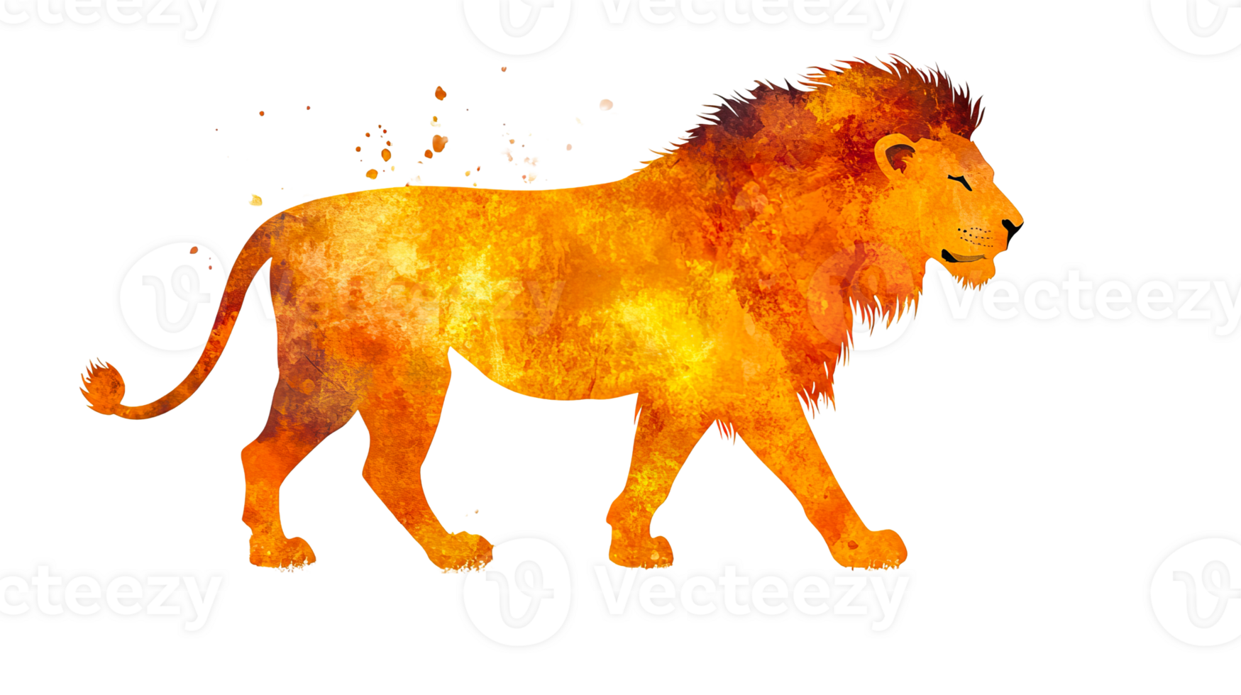 Watercolor lion walking in profile with artistic texture, cut out transparent png
