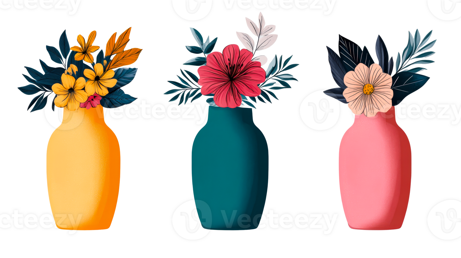 Floral vases arrangement on black background, cut out transparent png
