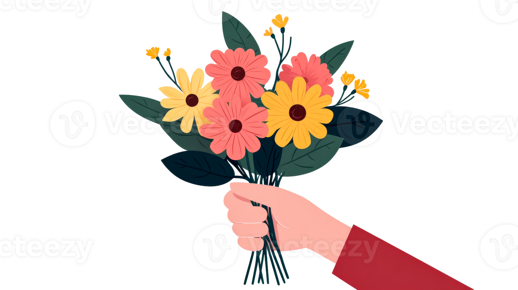 Hand holding bouquet of flowers, illustration, cut out transparent png