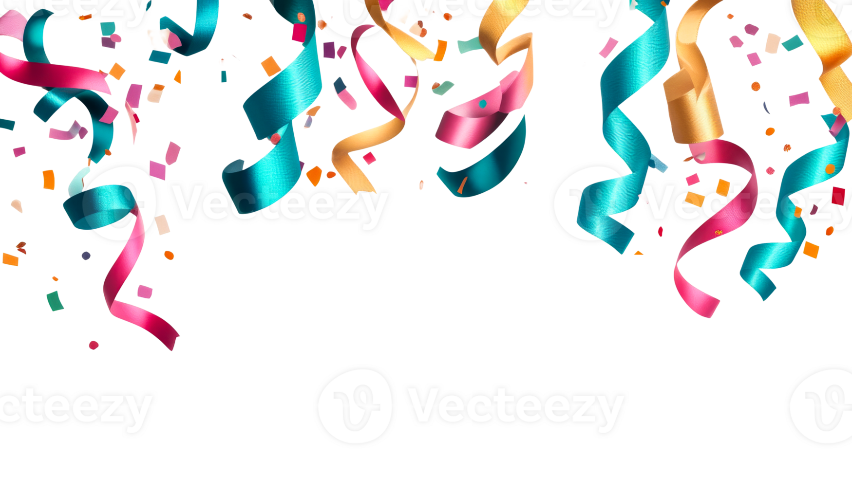 Colorful ribbons and confetti falling on black background, cut out transparent png