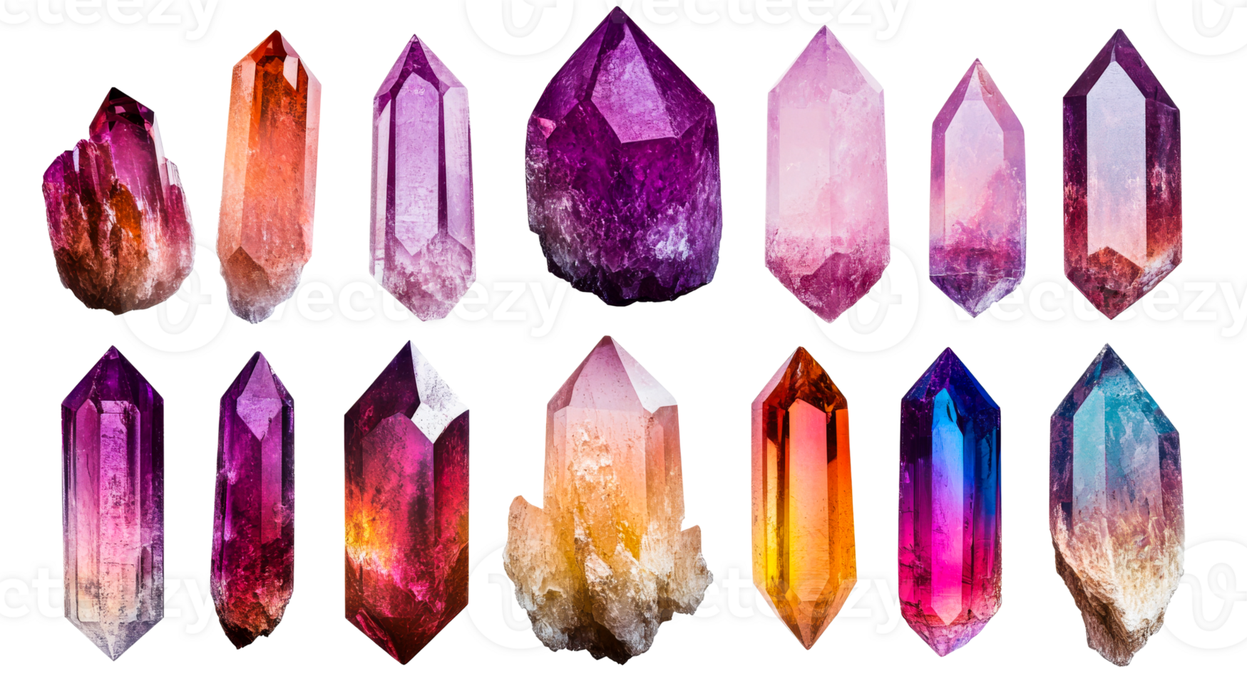Colorful crystals variety, gems collection, minerals and stones, cut out transparent png