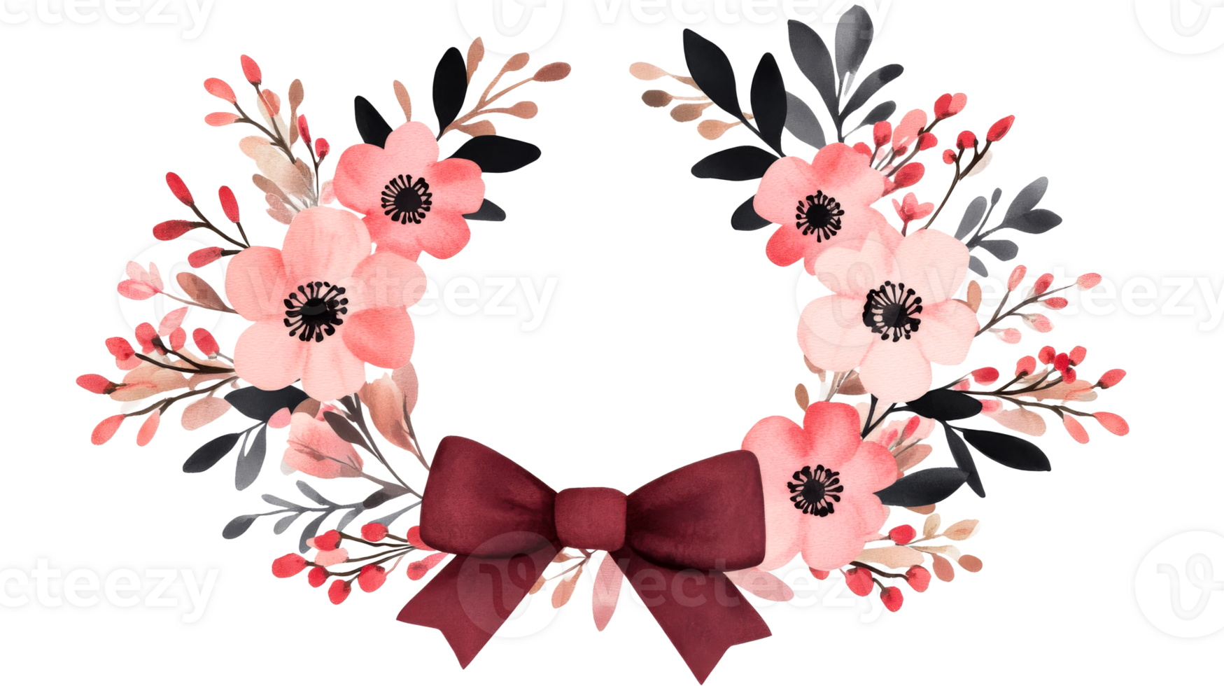 Watercolor floral wreath with bow, red ribbon, decorative element, cut out transparent png