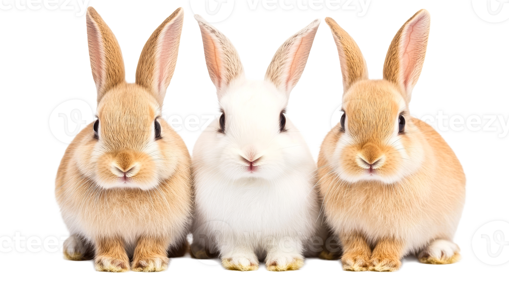 Three adorable rabbits sitting side by side, cut out transparent png