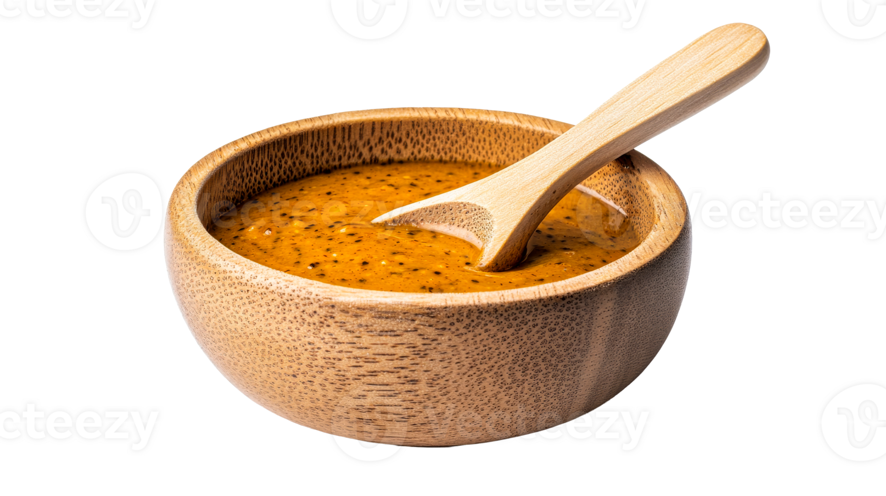 Wooden bowl with sauce and spoon studio shot, cut out transparent png