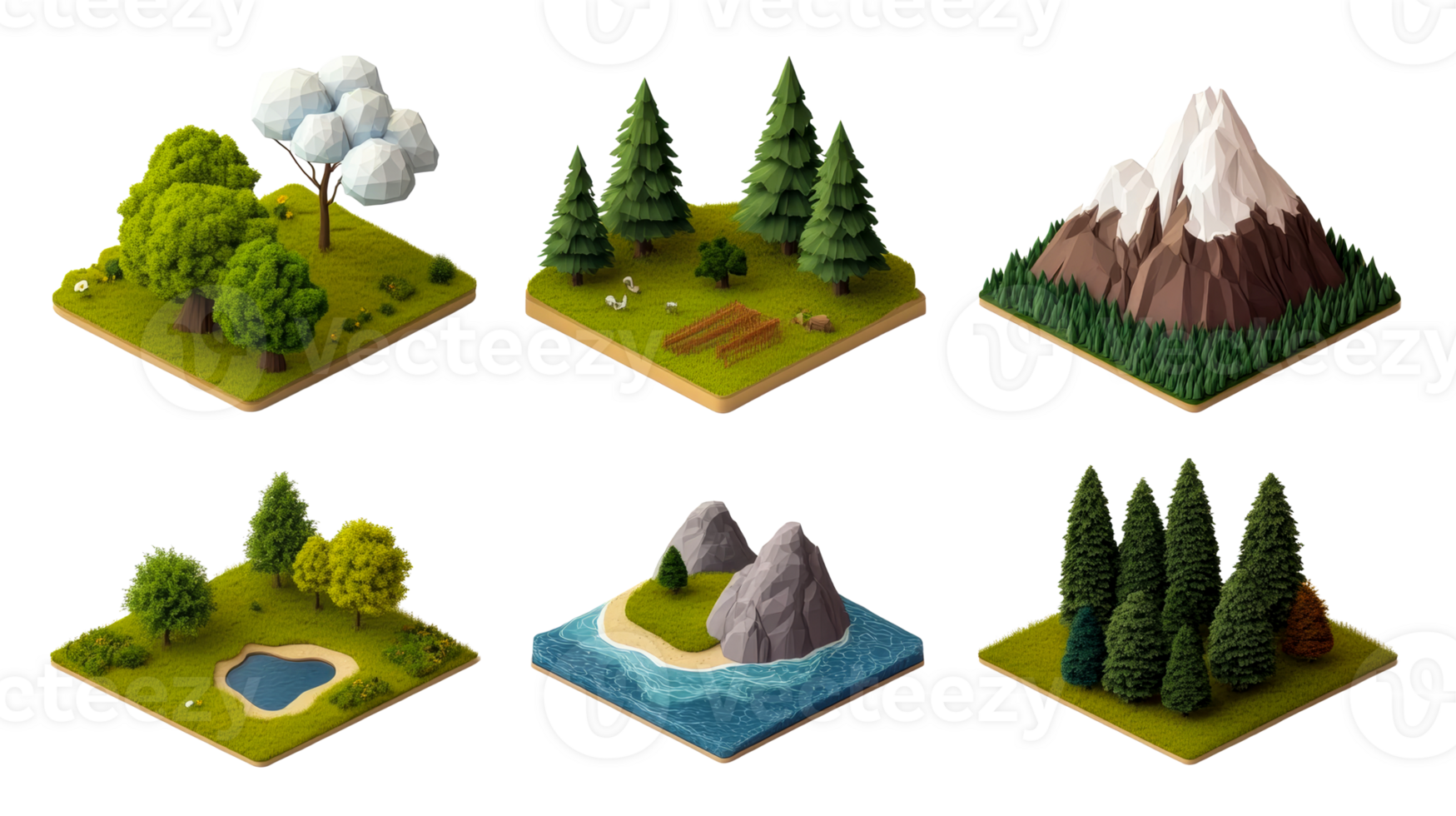 Isometric Nature Set with Trees and Mountains, cut out transparent png