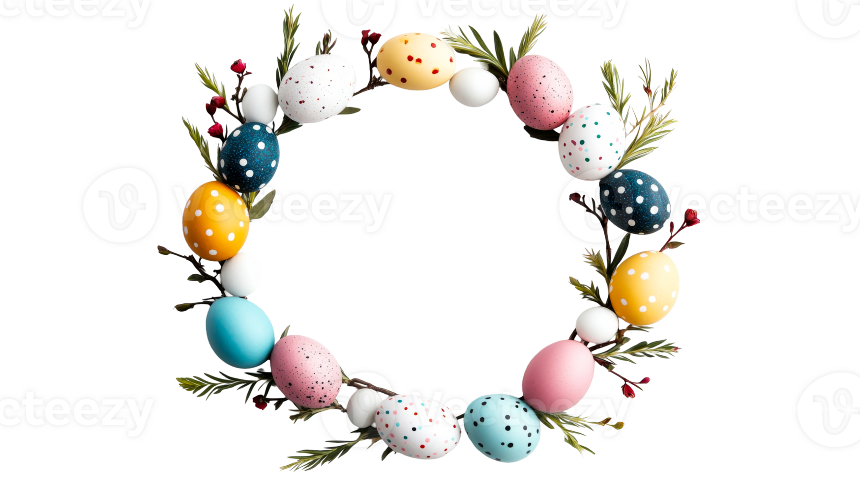 Colorful Easter Egg Wreath with Foliage and Berries, cut out transparent png