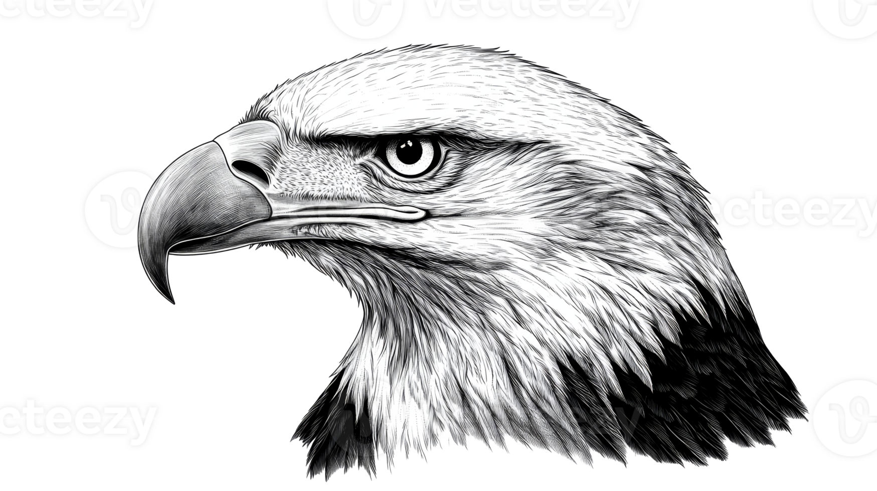 Illustration of a fierce eagle with detailed feathers and beak, cut out transparent png