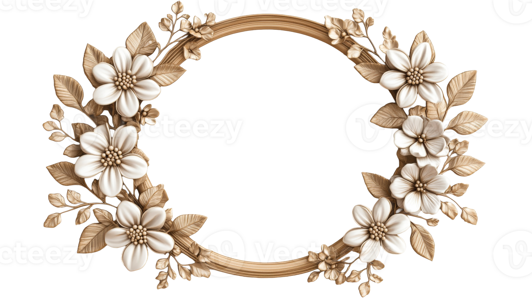 Floral Ornamental Frame with Gold Tone Flowers and Leaves, cut out transparent png