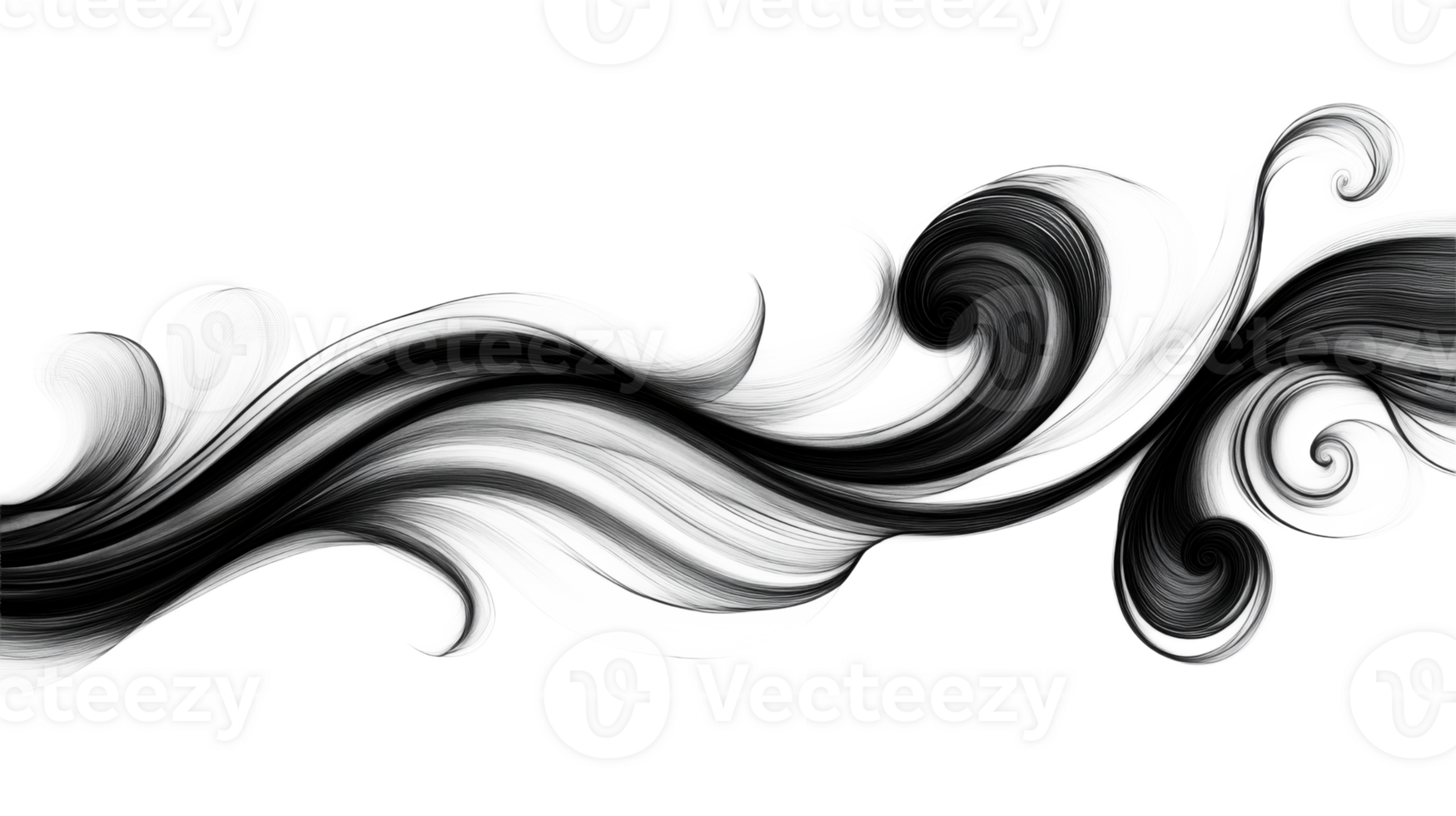 Abstract black and white flowing swirls design, cut out transparent png