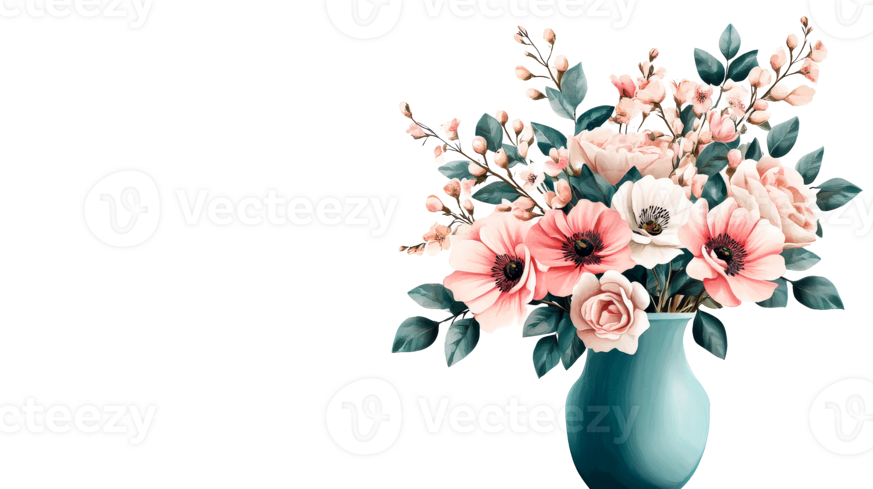 Floral arrangement in a vase with peach flowers, cut out transparent png