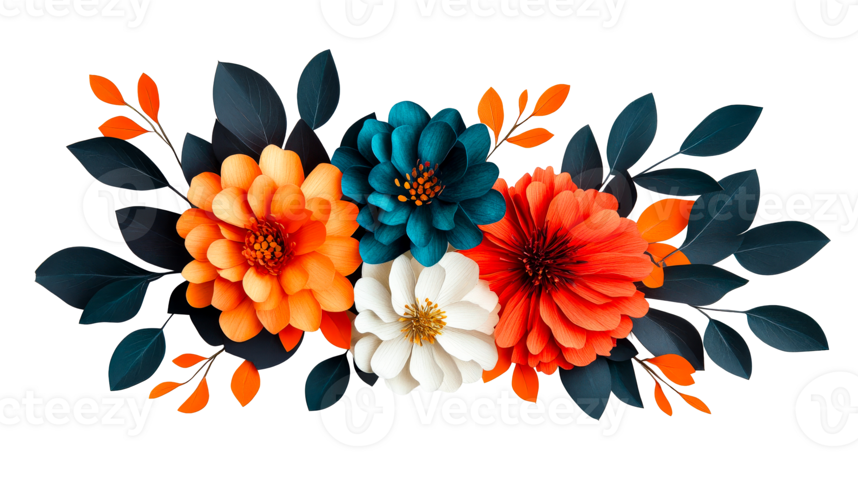 Colorful paper flowers arrangement on black background, cut out transparent png