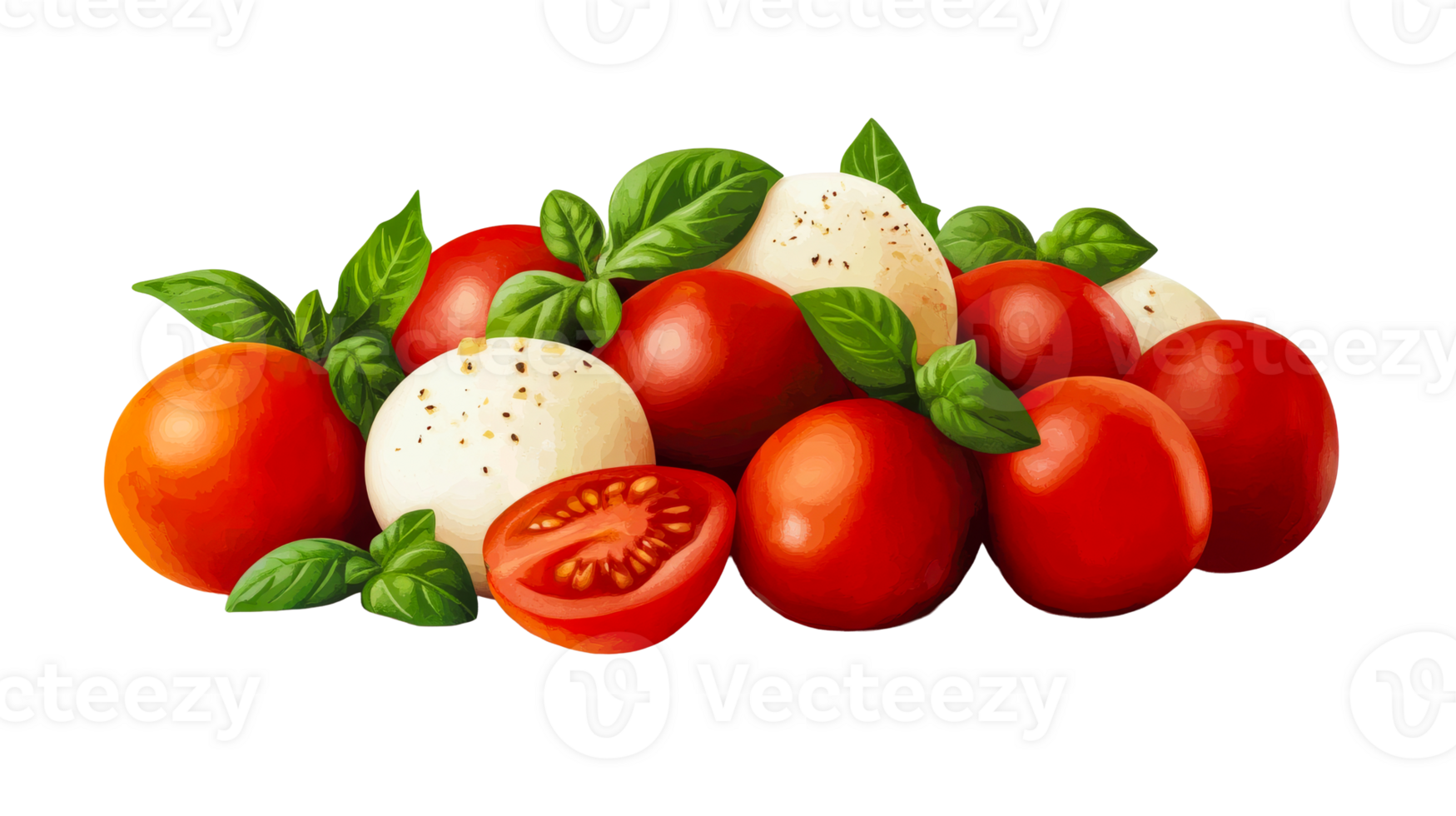 Caprese salad ingredients, tomatoes, mozzarella, basil, cut out transparent png
