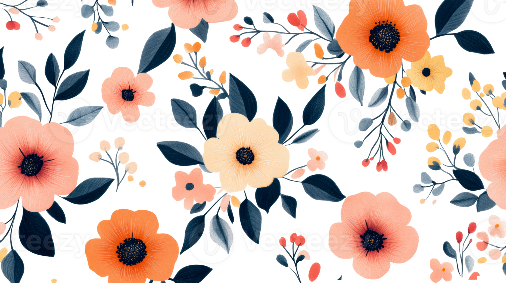Floral pattern with roses and branches on black, cut out transparent png