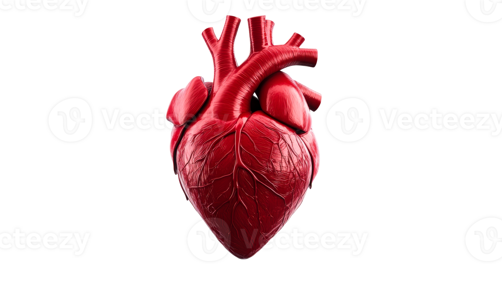 Detailed red human heart on black background, cut out transparent png