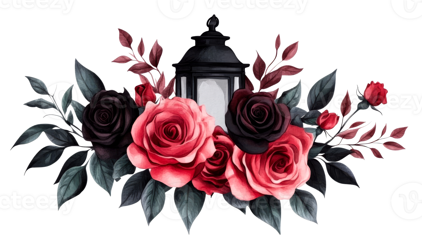 Lantern Surrounded by Roses and Leaves, cut out transparent png