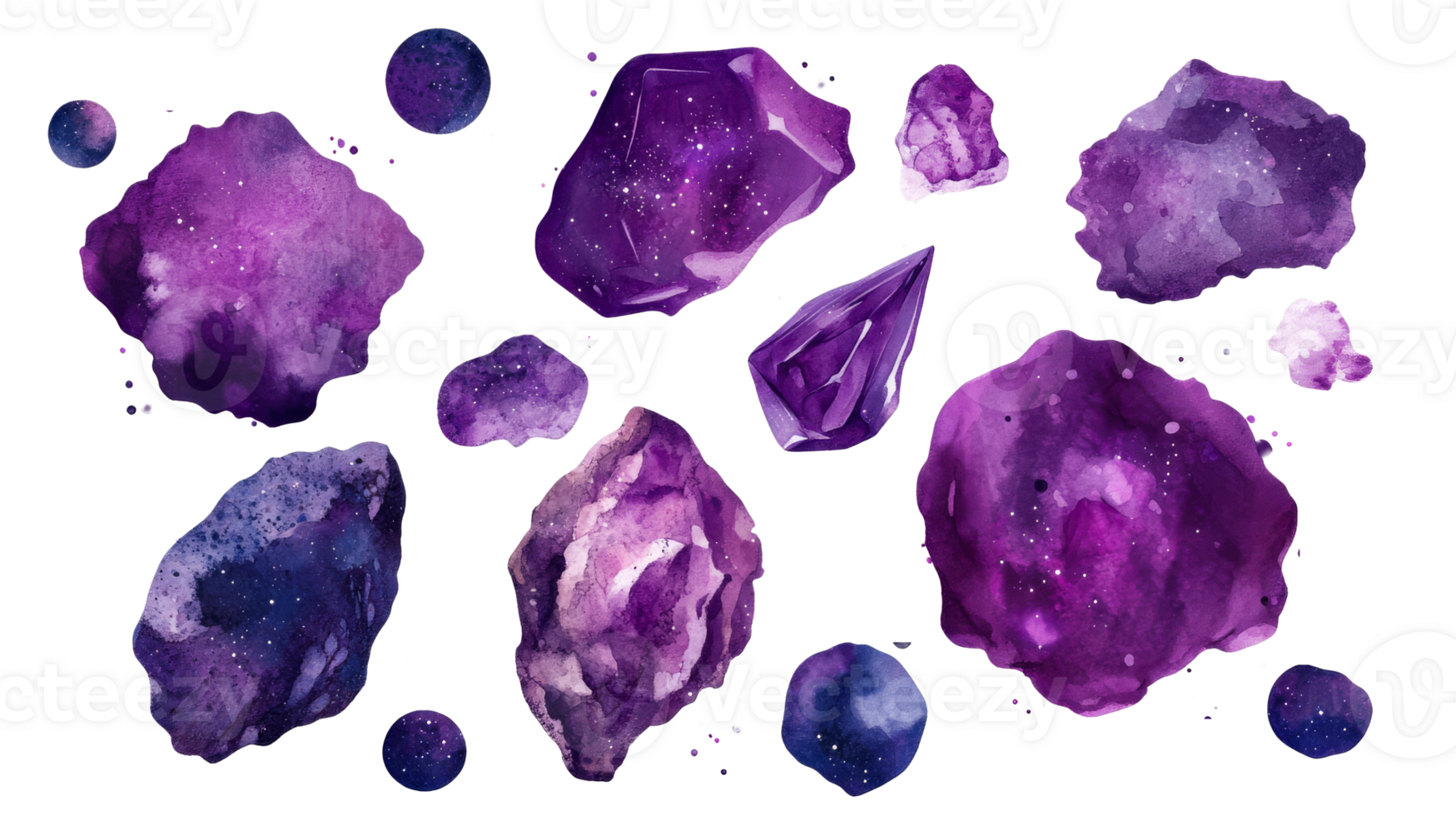 Watercolor crystals and stones in shades of purple, cut out transparent png