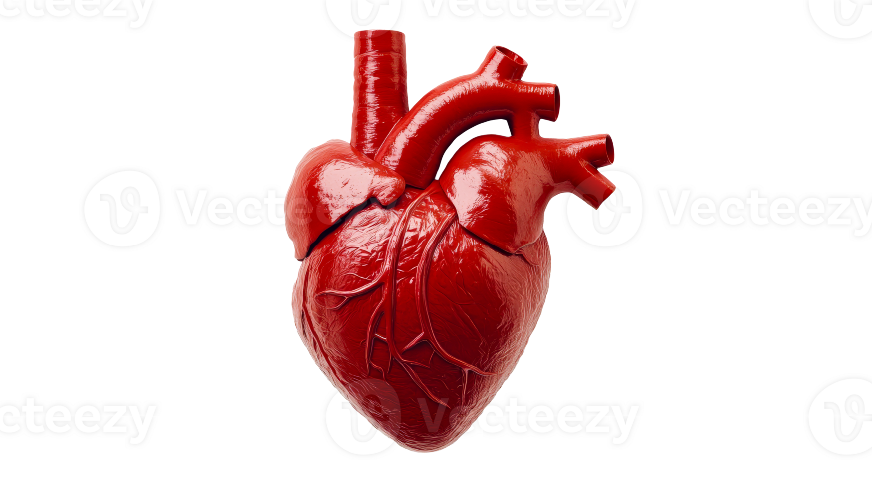 Red anatomic human heart model on black background, cut out transparent png