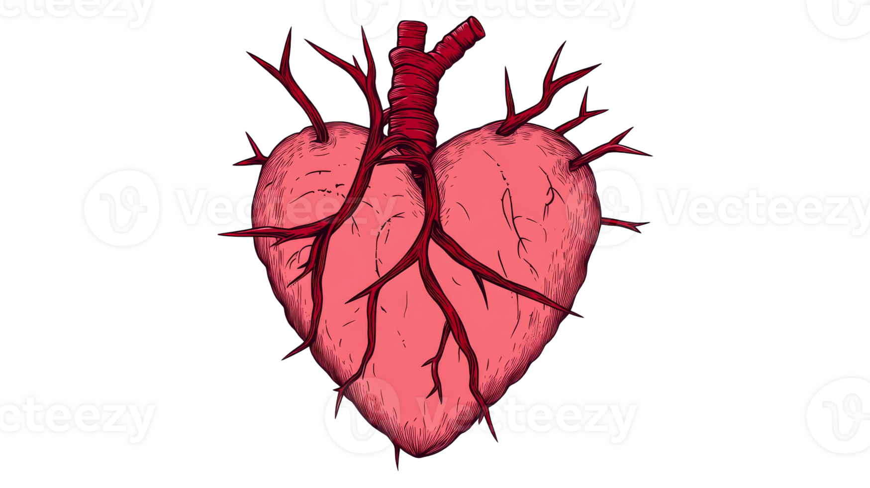 Anatomical heart with red vessels and thorns, cut out transparent png