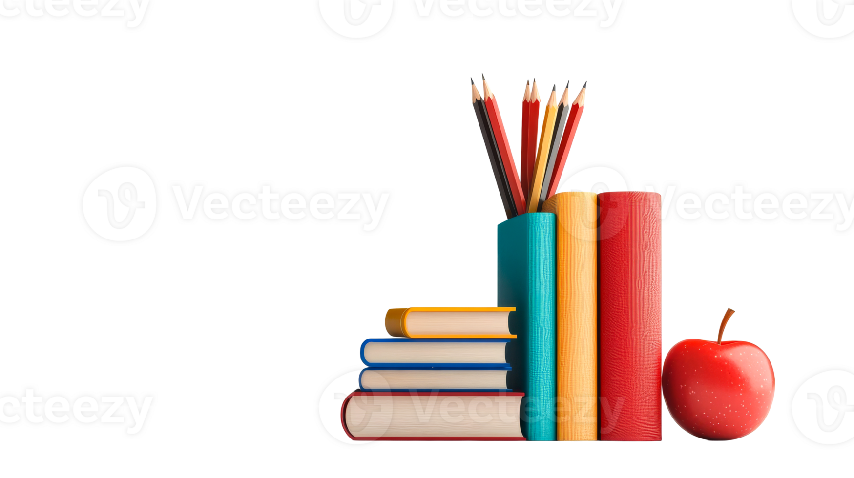 Books and pencils with apple, school supplies, cut out transparent png