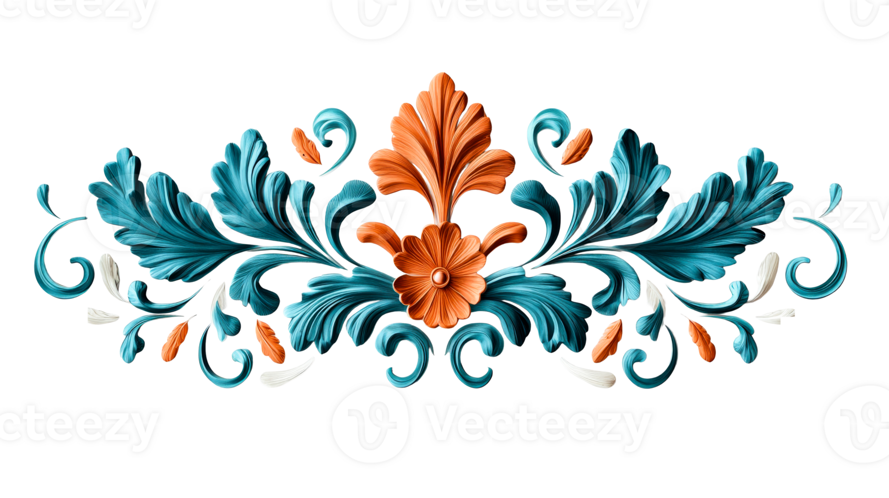 Elegant floral ornament with leaves, scrolls, and flower, cut out transparent png