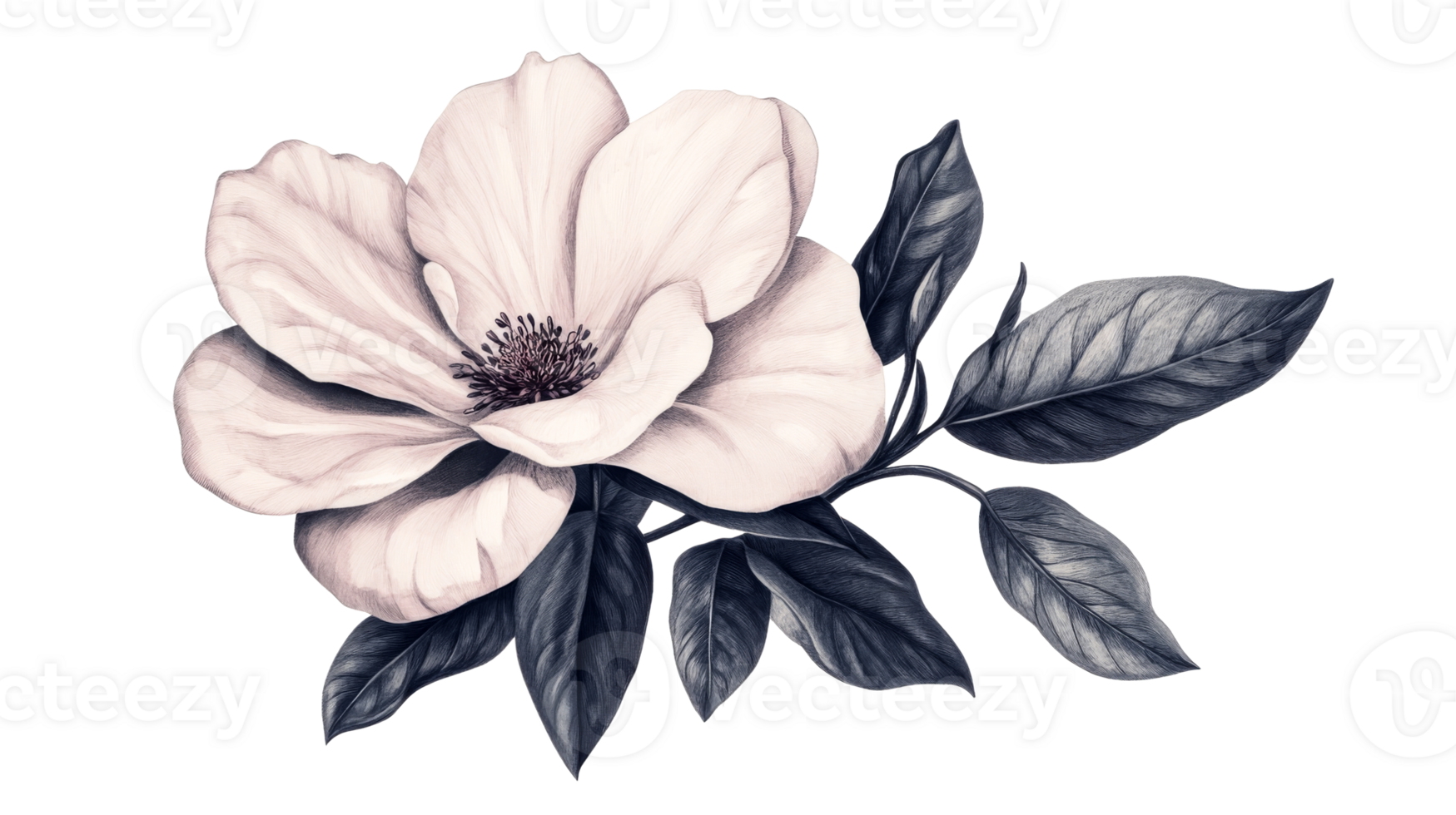Isolated monochrome magnolia flower with leaves drawing, cut out transparent png
