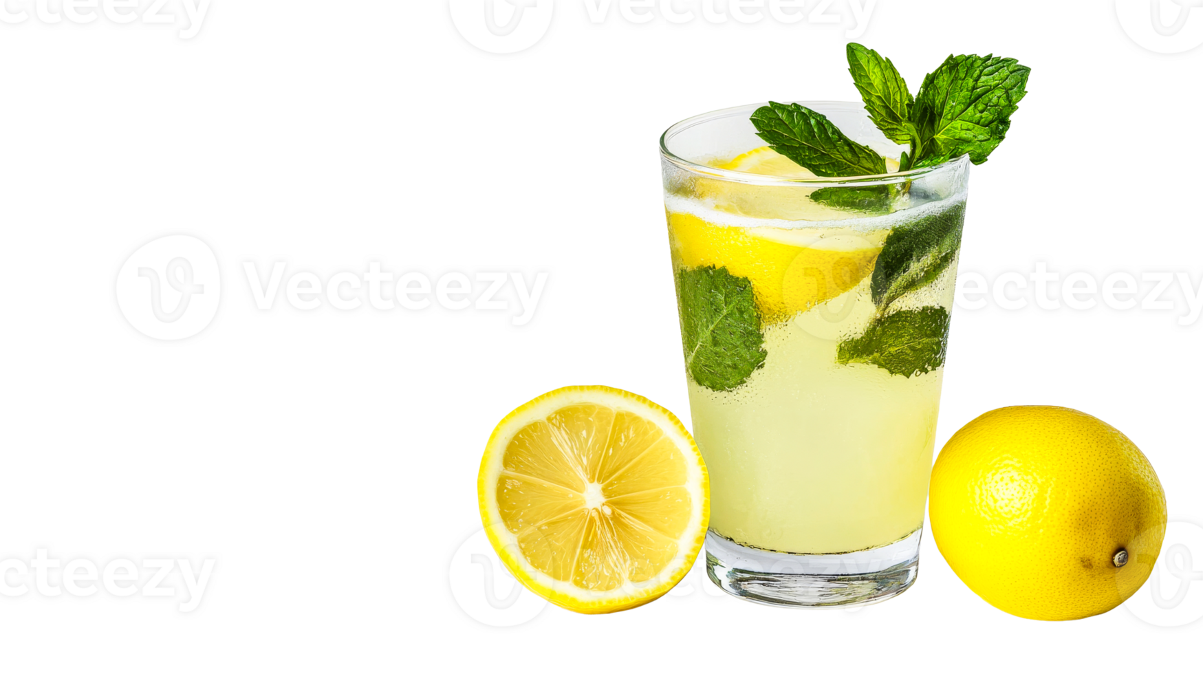 Refreshing lemonade drink in glass with lemons, cut out transparent png