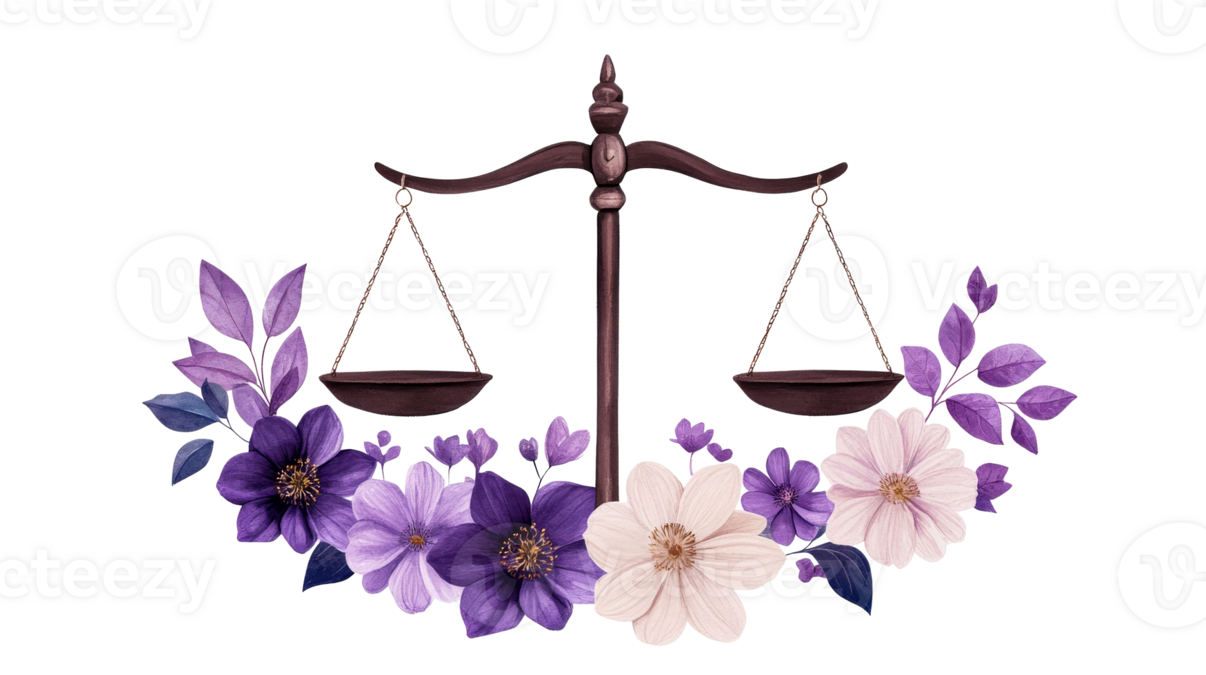 Scales of Justice Surrounded by Flowers and Leaves, cut out transparent png