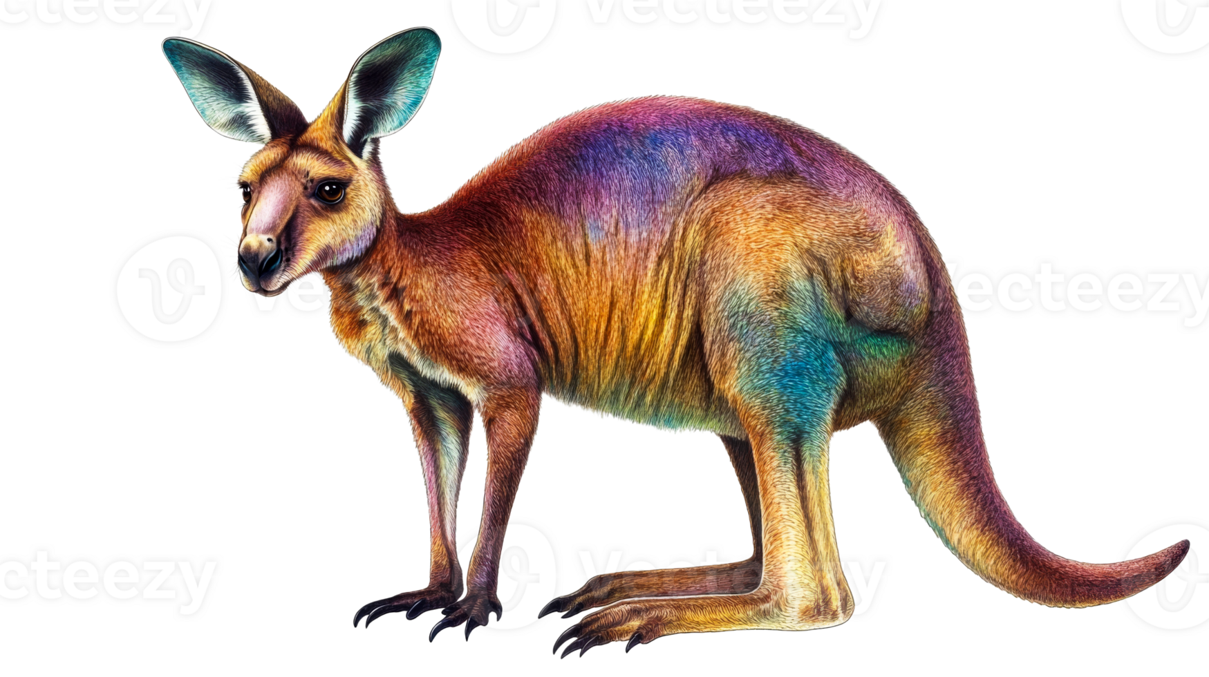 Colorful kangaroo, detailed fur texture, illustration of animal, cut out transparent png