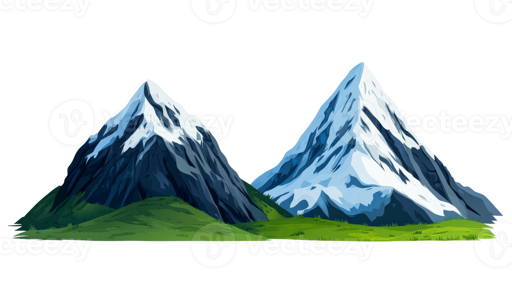 Mountain panorama with snow-capped peaks and green valleys, cut out transparent png