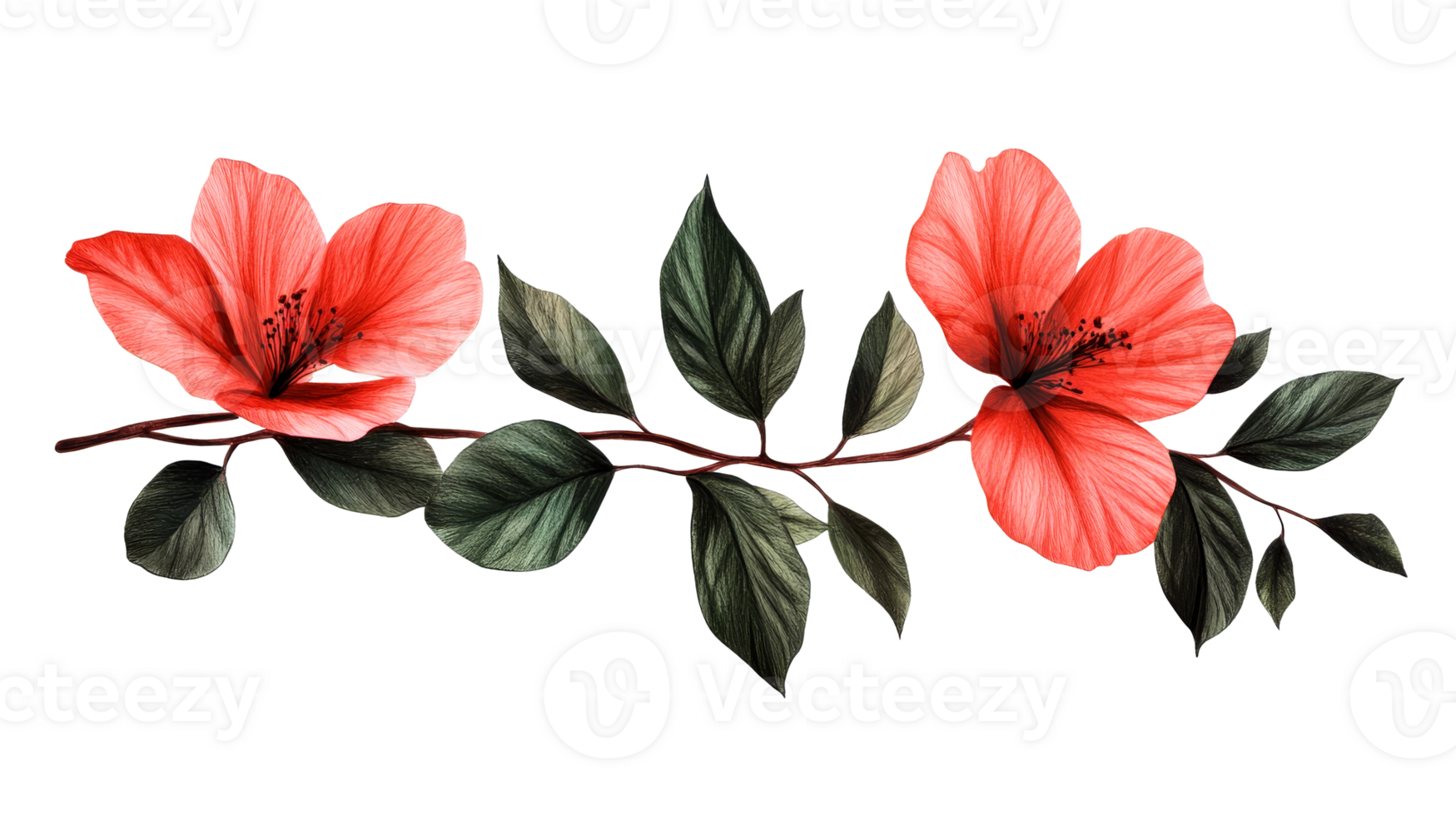 Red flowers with green leaves, botanical arrangement, cut out transparent png