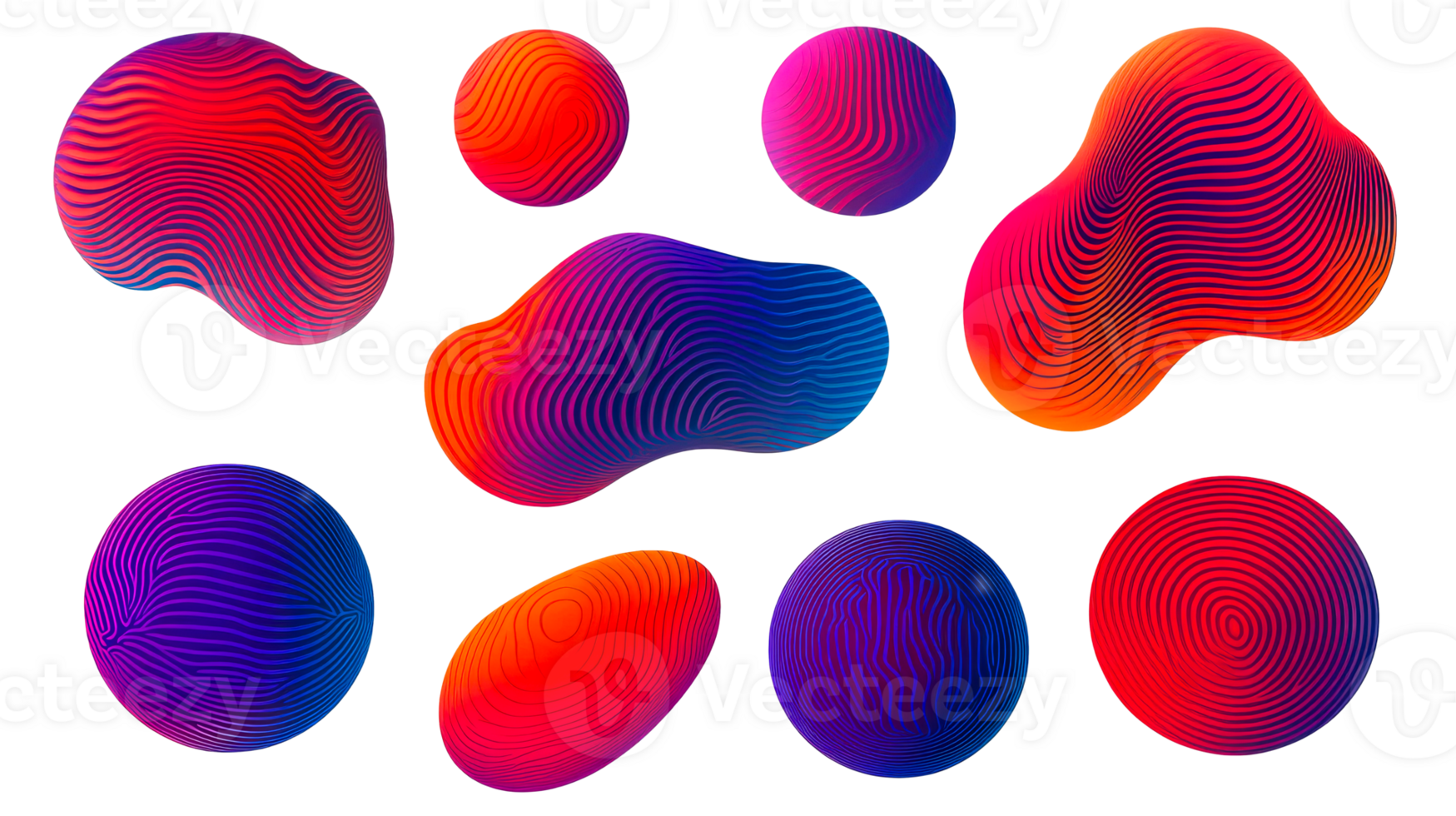 Abstract blobs and spheres with colorful linear textures, cut out transparent png
