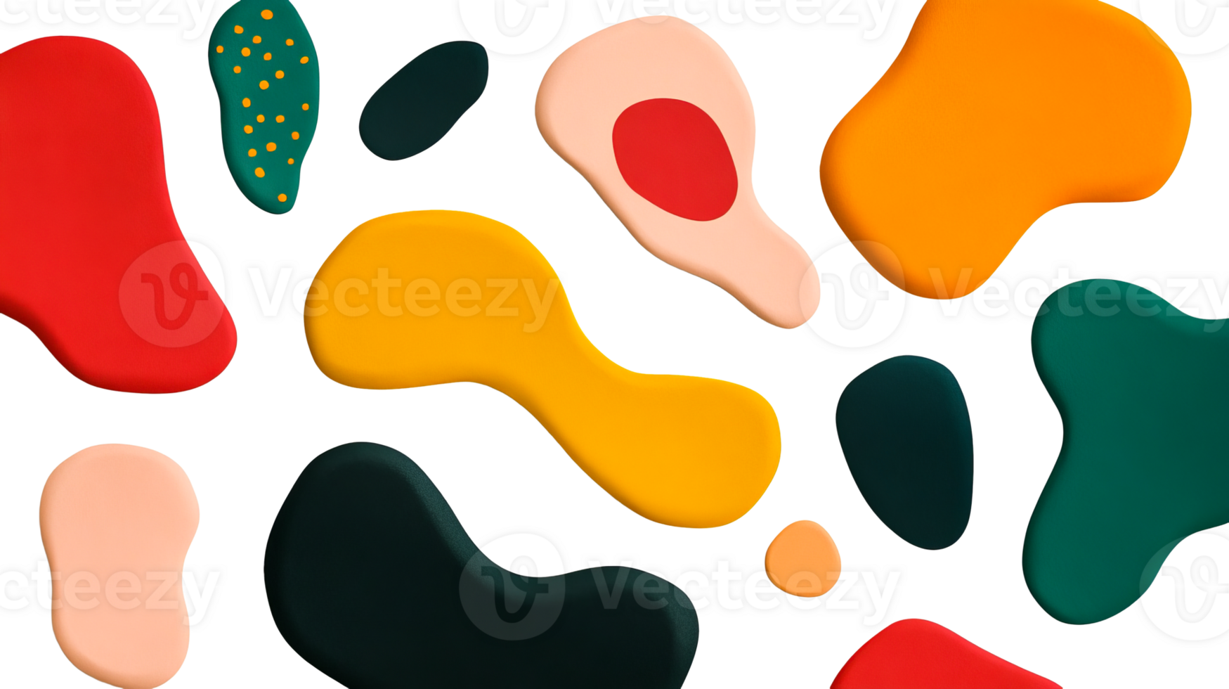 Multicolored organic shapes arrangement on black background, cut out transparent png