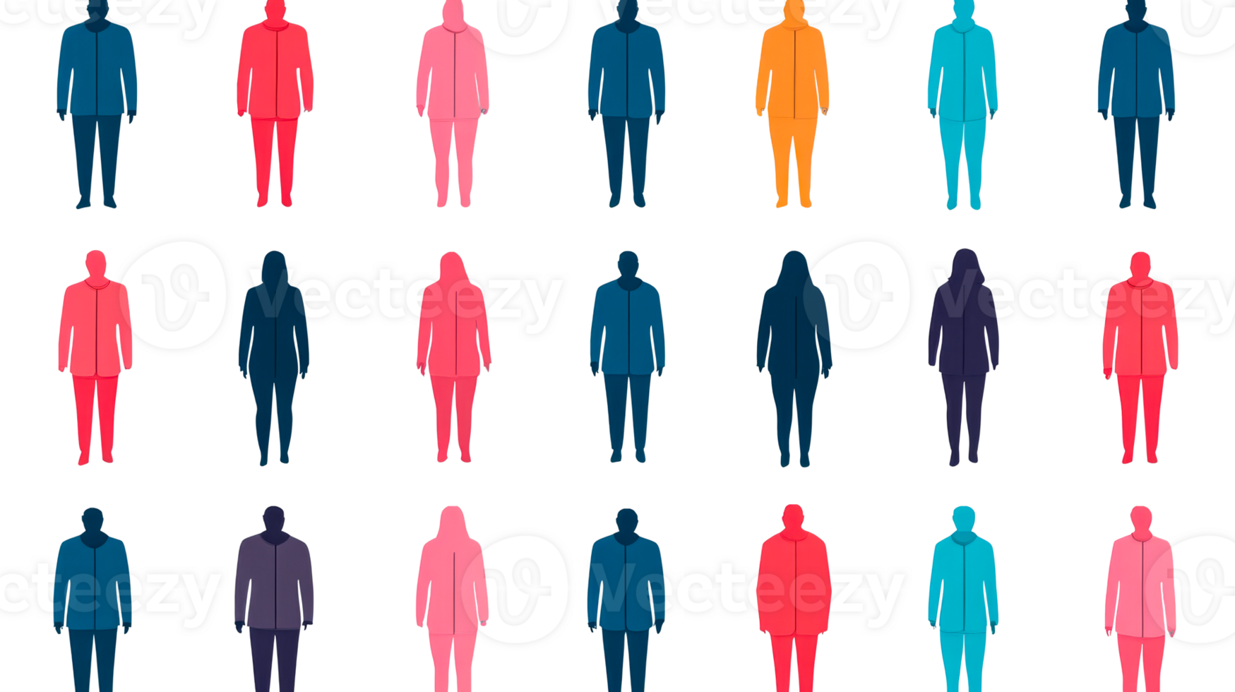 Colorful figures in hoodies on black background, cut out transparent png