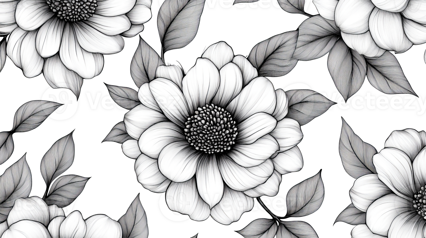 Floral pattern with detailed drawing of flowers and leaves, cut out transparent png