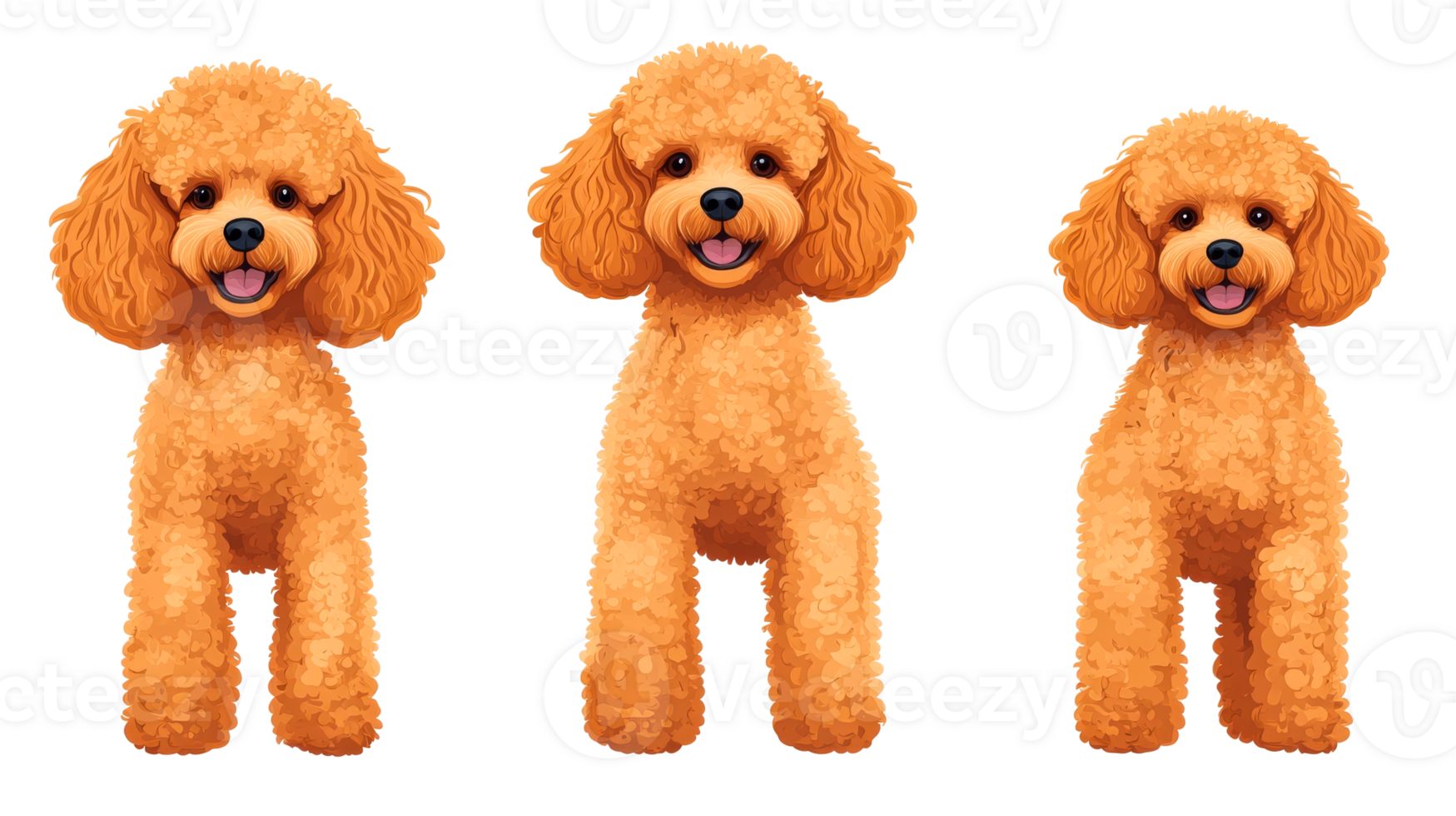Three adorable apricot poodle puppies, standing, posing, cut out transparent png