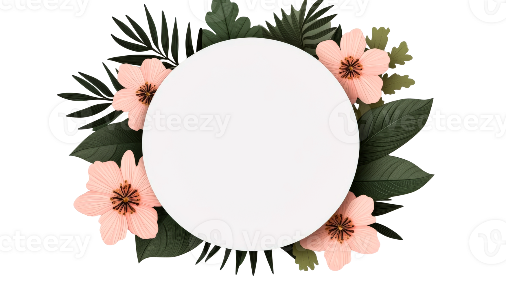 Floral wreath with pink flowers and green leaves, cut out transparent png
